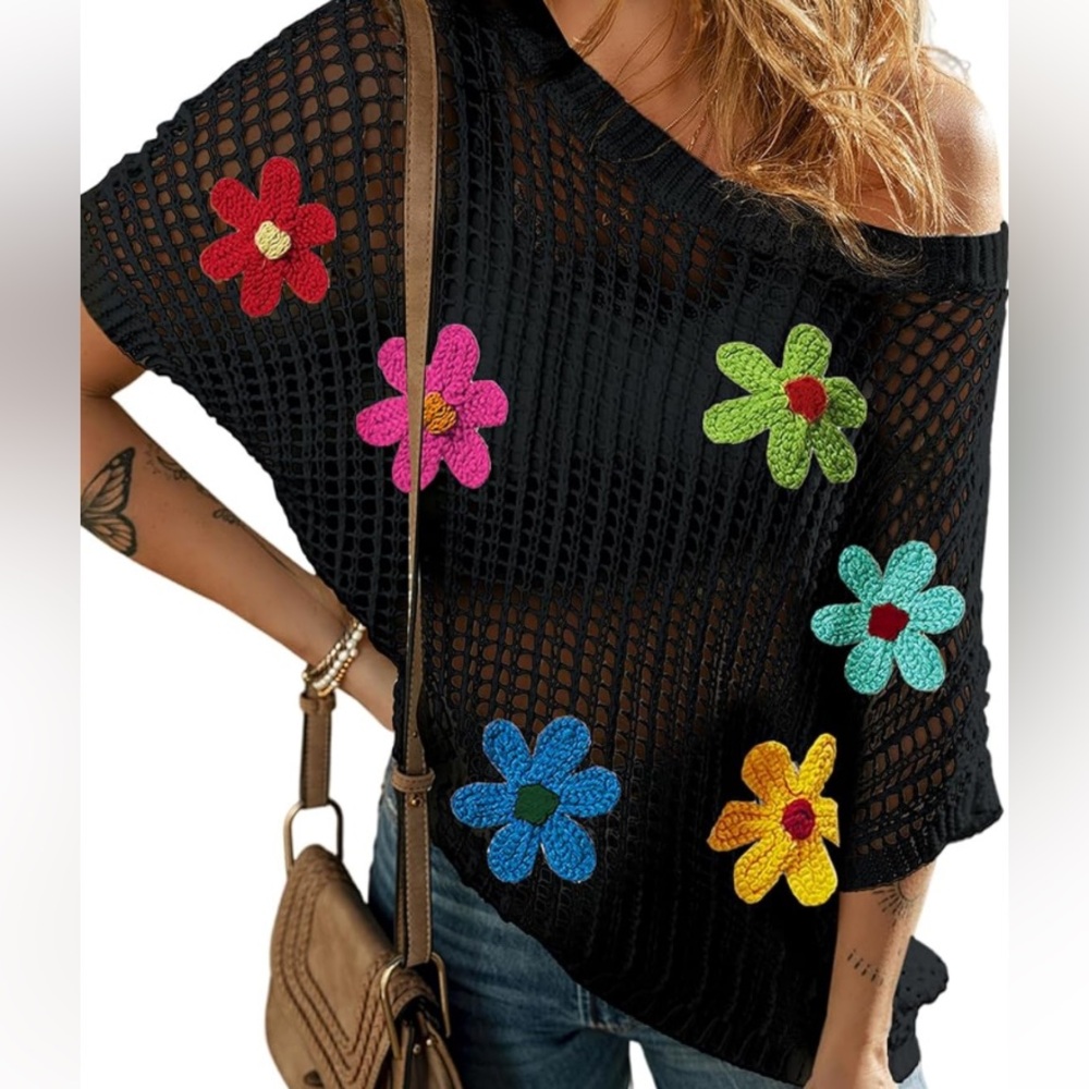 Ecossuny Crochet Top Scoop Neck Short Sleeve Hollow Out Knit Beach Cover Up Sz L
